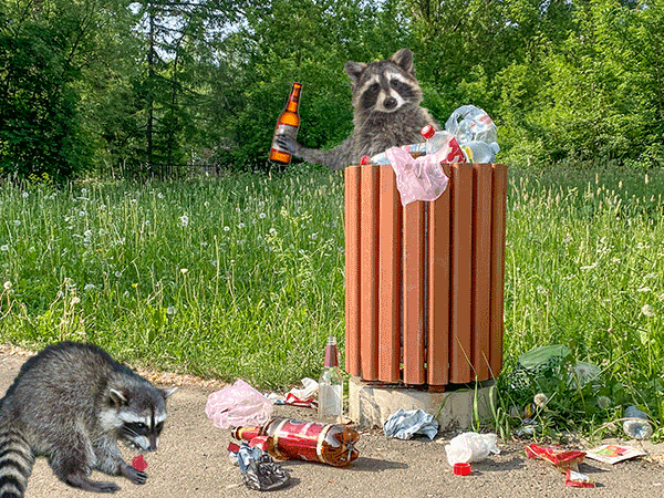 A digital collage showing two raccoons scavenging through litter on a sidewalk next to a wooden-slatted trash can in a park.