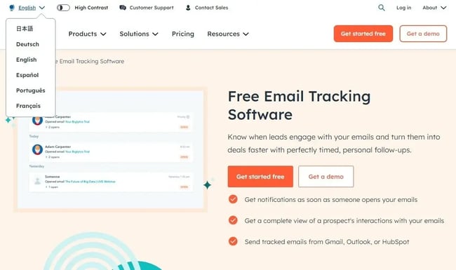 Screenshot of HubSpot product page
